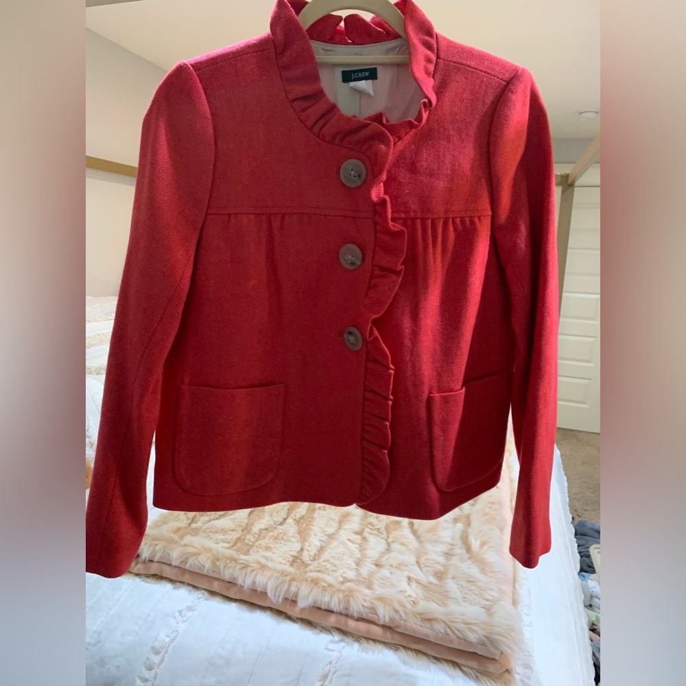 J. Crew Coral Tweed blazer with ruffles.